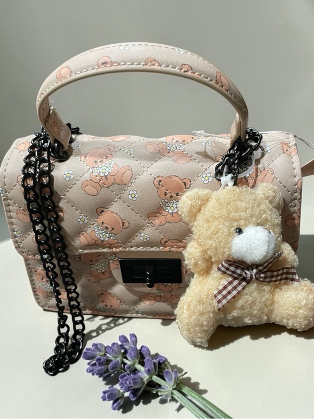 Vegan Pink Quilted Mini Top-Handle Bag with Teddy Charm
